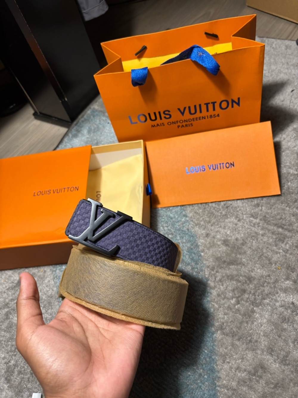 Louis Vuitton Men's Navy Damier Belt with LV Buckle